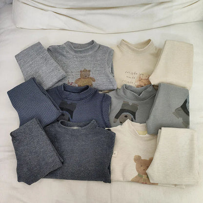 長袖パジャマ キッズセットアップ 2点セット アニマルプリントボーダー/無地長袖パジャマセット ハイネック長袖Tシャツ+ロングパンツ【mh0007851】