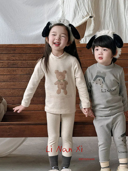 長袖パジャマ キッズセットアップ 2点セット アニマルプリントボーダー/無地長袖パジャマセット ハイネック長袖Tシャツ+ロングパンツ【mh0007851】