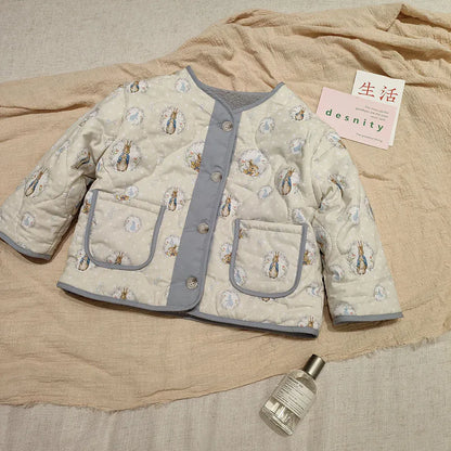 ショートコート・ジャケット・ジャンパー Beige Rabbit / 90cm 24M キッズアウター プリント柄キルティング裏フリースノーカラーブルゾンジャケット【mh0008079】