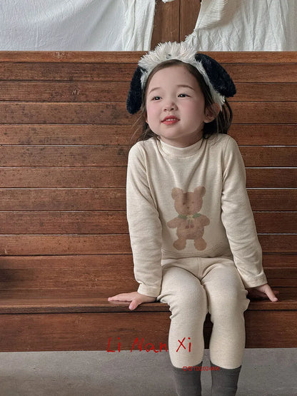 長袖パジャマ Cherry Bear / 90cm 24M キッズセットアップ 2点セット アニマルプリントボーダー/無地長袖パジャマセット ハイネック長袖Tシャツ+ロングパンツ【mh0007851】