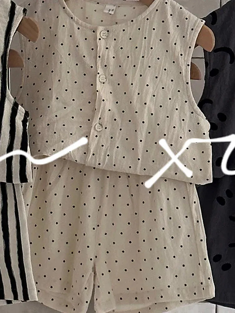ノースリーブセットアップ DOT / 24M  90CM キッズセットアップ 2点セット コットンリネン プリントノースリーブトップス+ショートパンツ 5柄【mh0005557】