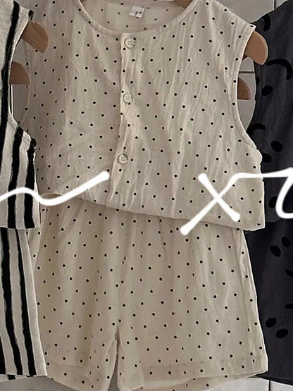 ノースリーブセットアップ DOT / 24M  90CM キッズセットアップ 2点セット コットンリネン プリントノースリーブトップス+ショートパンツ 5柄【mh0005557】