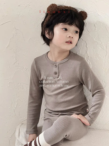長袖パジャマ Khaki / 24M  90CM キッズパジャマセット リブ 長袖ヘンリーネックTシャツ+ロングパンツ シンプルベーシック 5カラー【mh0006360】