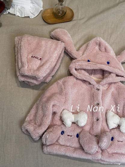 長袖パジャマ Pink / 90cm 24M キッズセットアップ 2点セット フリースうさ耳フーディうさぎバニー長袖ジャケット+ロングパンツ ルームウェア【mh0008250】