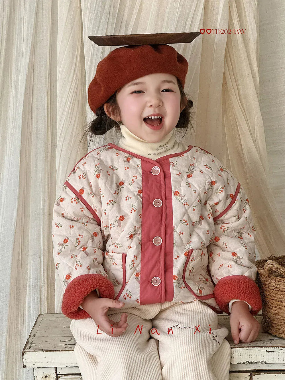 ショートコート・ジャケット・ジャンパー Red  flower / 90cm 24M キッズアウター プリント柄キルティング裏フリースノーカラーブルゾンジャケット【mh0008079】