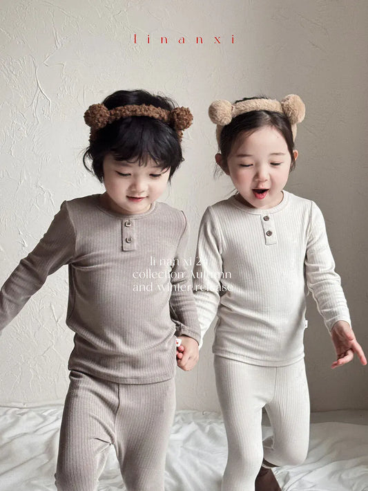 長袖パジャマ キッズパジャマセット リブ 長袖ヘンリーネックTシャツ+ロングパンツ シンプルベーシック 5カラー【mh0006360】