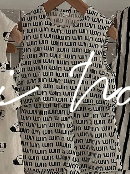 ノースリーブセットアップ UIM / 24M  90CM キッズセットアップ 2点セット コットンリネン プリントノースリーブトップス+ショートパンツ 5柄【mh0005557】