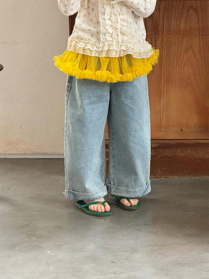 Light Color Rolled Wide Leg Jeans パッチワーク ロールアップ ワイドデニム【mh0012307】 Jianzidan