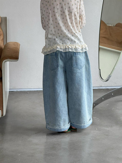 Light Color Rolled Wide Leg Jeans パッチワーク ロールアップ ワイドデニム【mh0012307】 Jianzidan