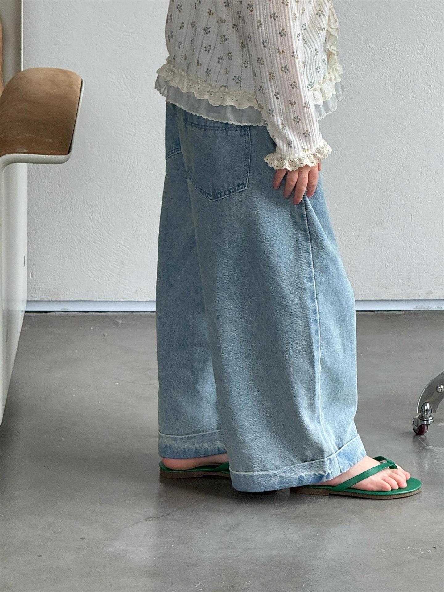 Light Color Rolled Wide Leg Jeans パッチワーク ロールアップ ワイドデニム【mh0012307】 Jianzidan