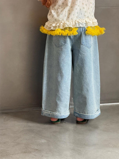 Light Color Rolled Wide Leg Jeans パッチワーク ロールアップ ワイドデニム【mh0012307】 Jianzidan