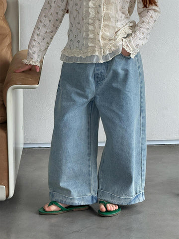 Light Color Rolled Wide Leg Jeans パッチワーク ロールアップ ワイドデニム【mh0012307】 Light Blue / 90cm Jianzidan