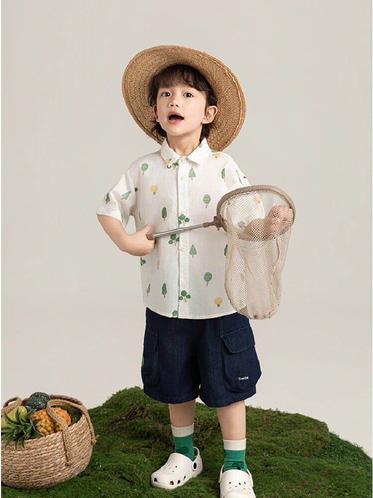 Little Forest Series リーフ柄 半袖シャツ Tシャツ デニム セットアップ【mh0012734】 YoehYaul 半袖セットアップ