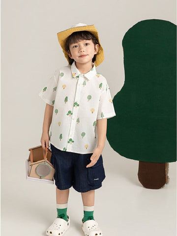 Little Forest Series リーフ柄 半袖シャツ Tシャツ デニム セットアップ【mh0012734】 YoehYaul 半袖セットアップ