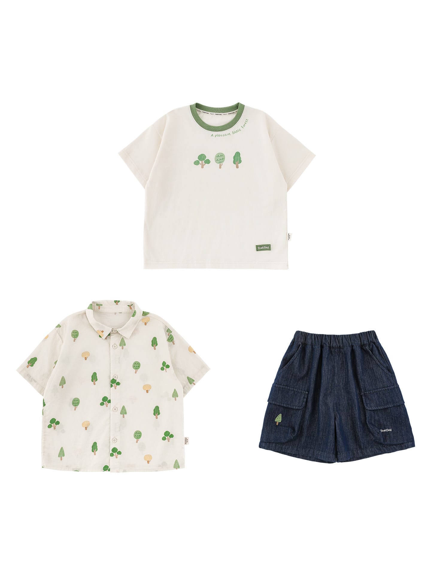Little Forest Series リーフ柄 半袖シャツ Tシャツ デニム セットアップ【mh0012734】 YoehYaul 半袖セットアップ