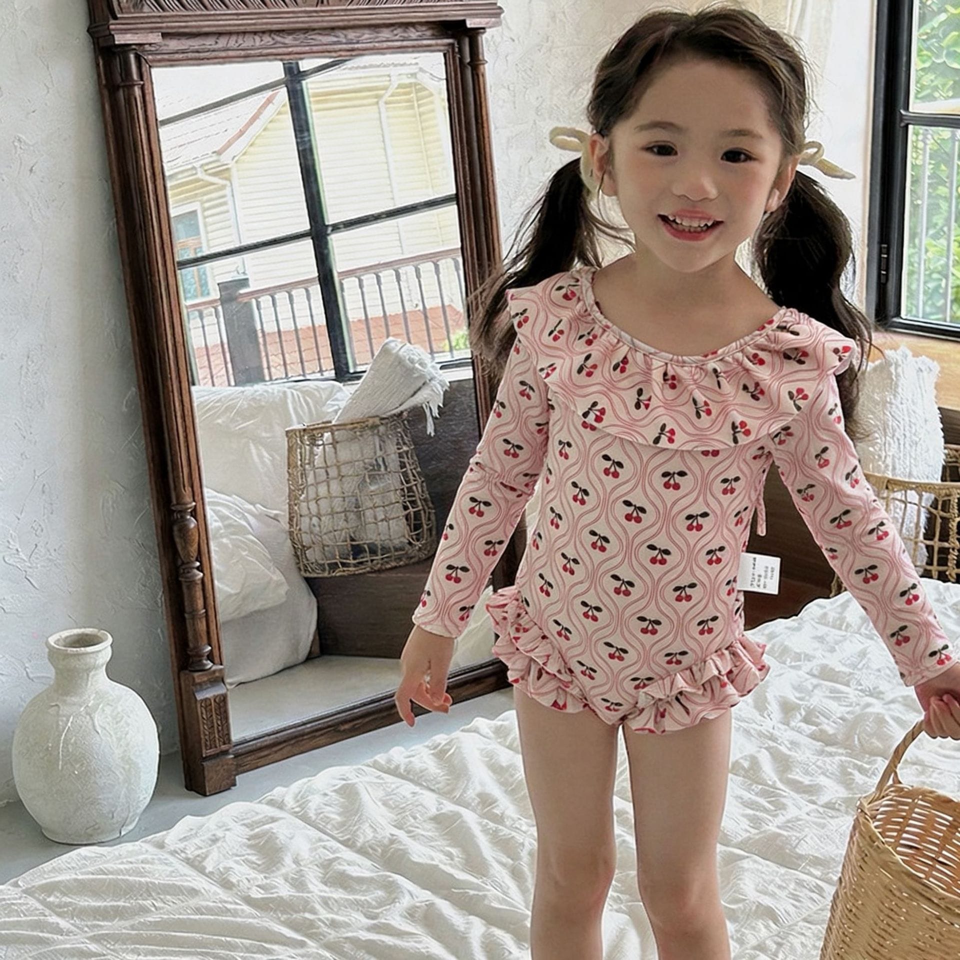 Long-Sleeve Cherry Print Ruffle Swimwear ラッフル 長袖ワンピース水着【mh0013334】 mamahalo kids ベビー用水着