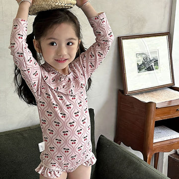 Long-Sleeve Cherry Print Ruffle Swimwear ラッフル 長袖ワンピース水着【mh0013334】 mamahalo kids ベビー用水着