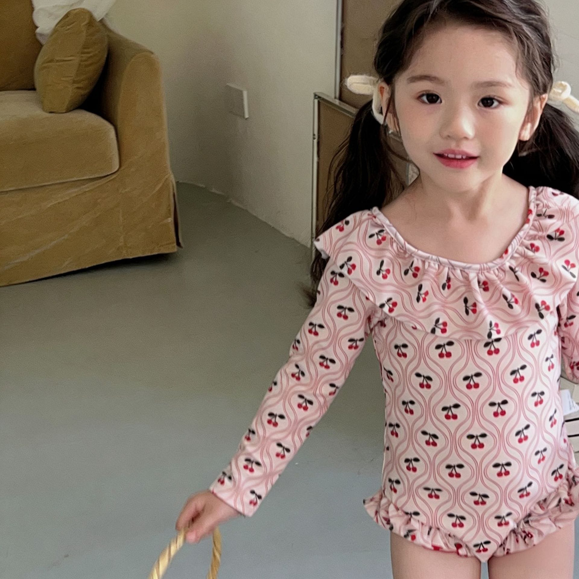 Long-Sleeve Cherry Print Ruffle Swimwear ラッフル 長袖ワンピース水着【mh0013334】 Pink / 90cm mamahalo kids ベビー用水着