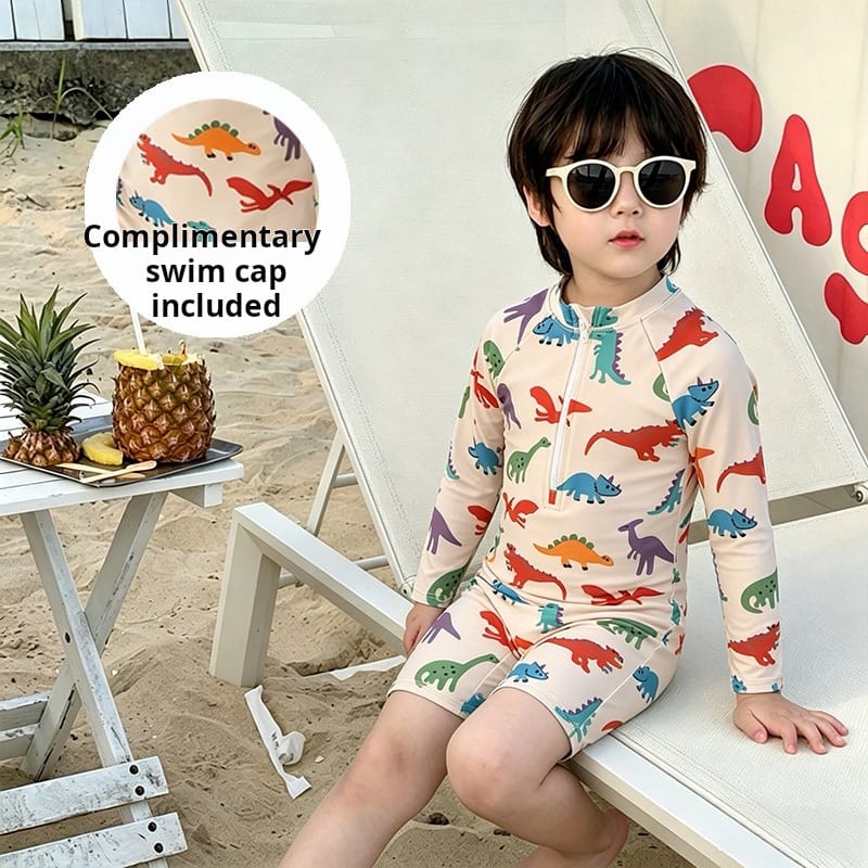 Long-Sleeve Dinosaur One-Piece Swimwear Swimcap Set ラグラン 長袖水着 帽子セット【mh0013338】 Beige / 90cm mamahalo kids ベビー用水着