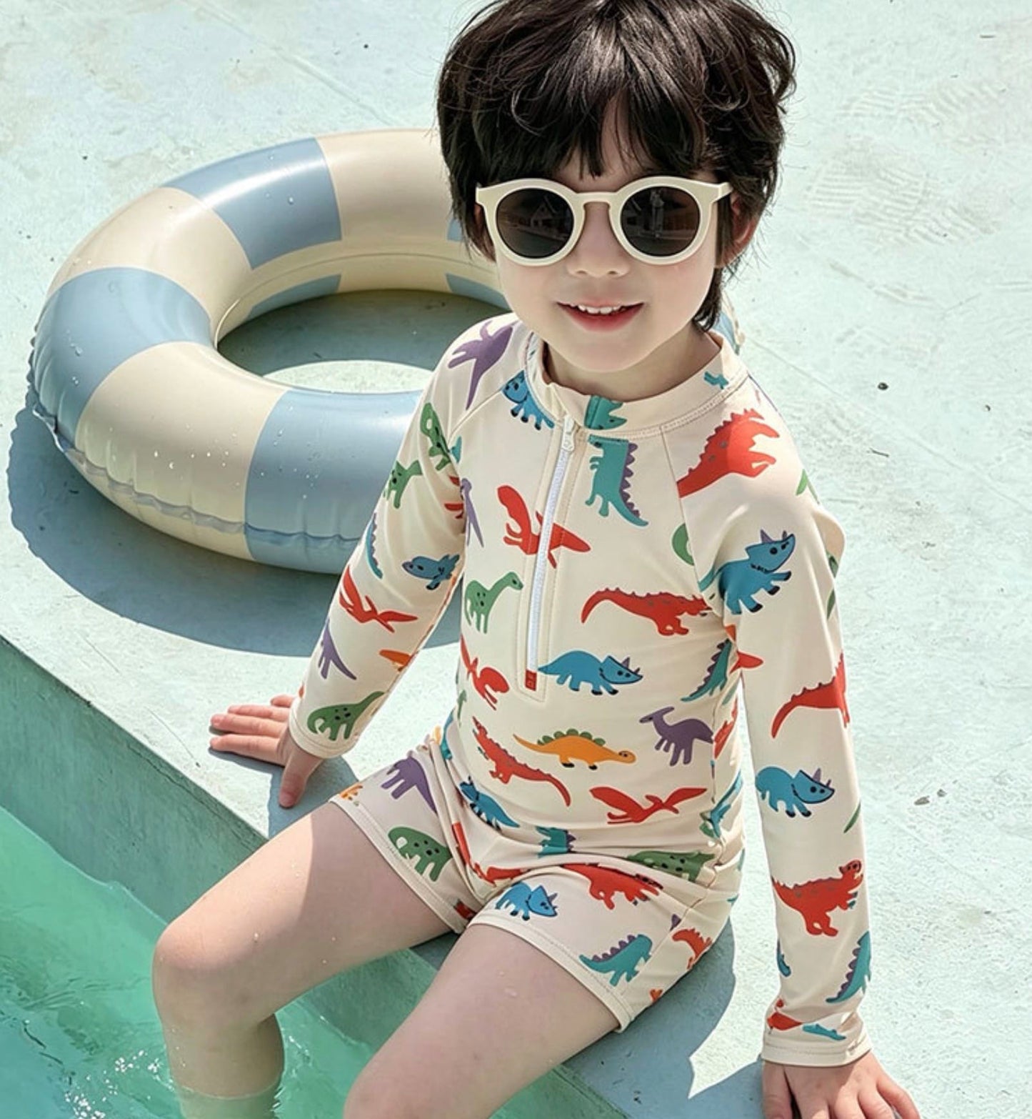 Long-Sleeve Dinosaur One-Piece Swimwear Swimcap Set ラグラン 長袖水着 帽子セット【mh0013338】 mamahalo kids ベビー用水着