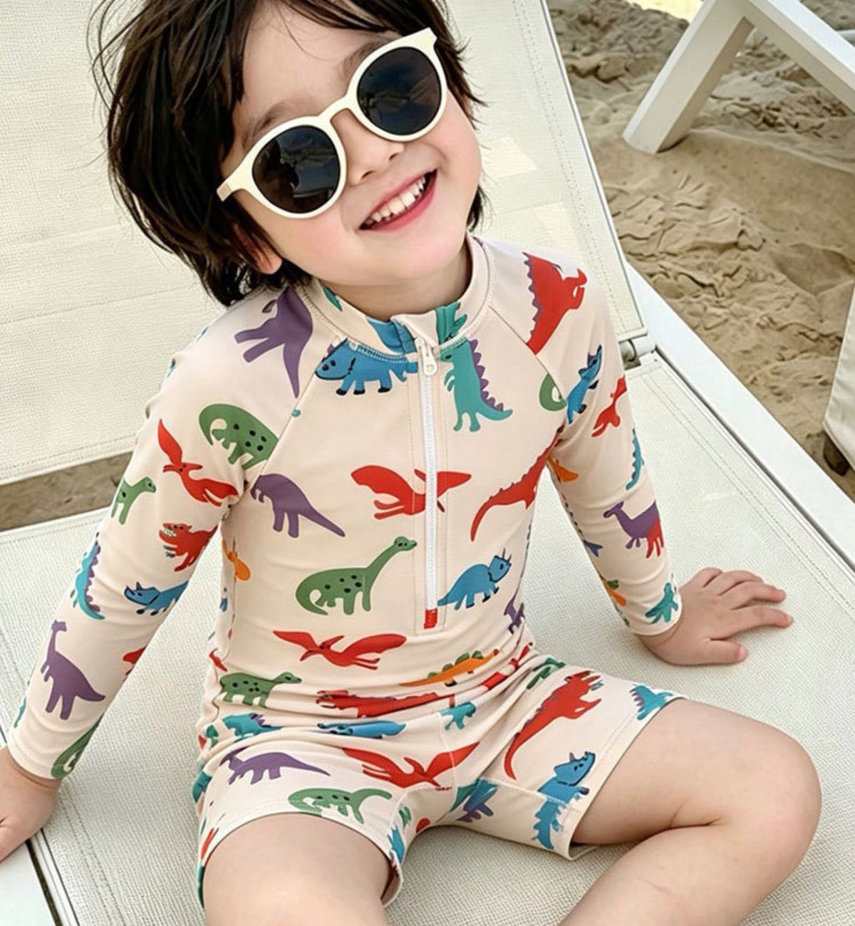 Long-Sleeve Dinosaur One-Piece Swimwear Swimcap Set ラグラン 長袖水着 帽子セット【mh0013338】 mamahalo kids ベビー用水着