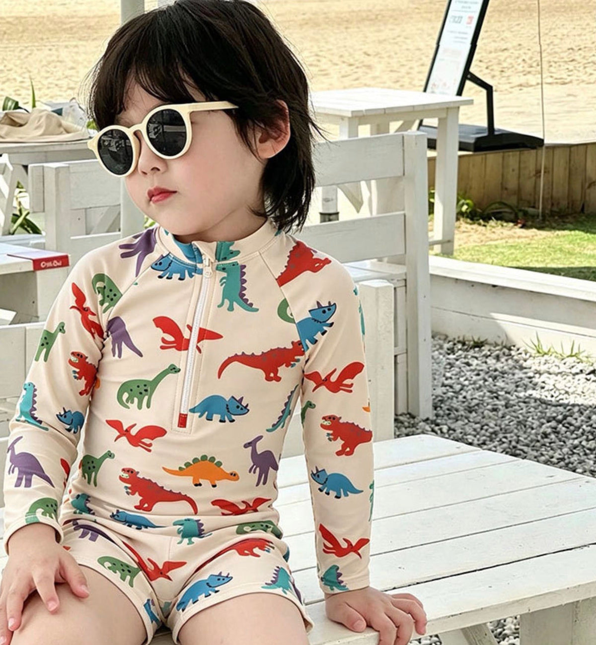 Long-Sleeve Dinosaur One-Piece Swimwear Swimcap Set ラグラン 長袖水着 帽子セット【mh0013338】 mamahalo kids ベビー用水着