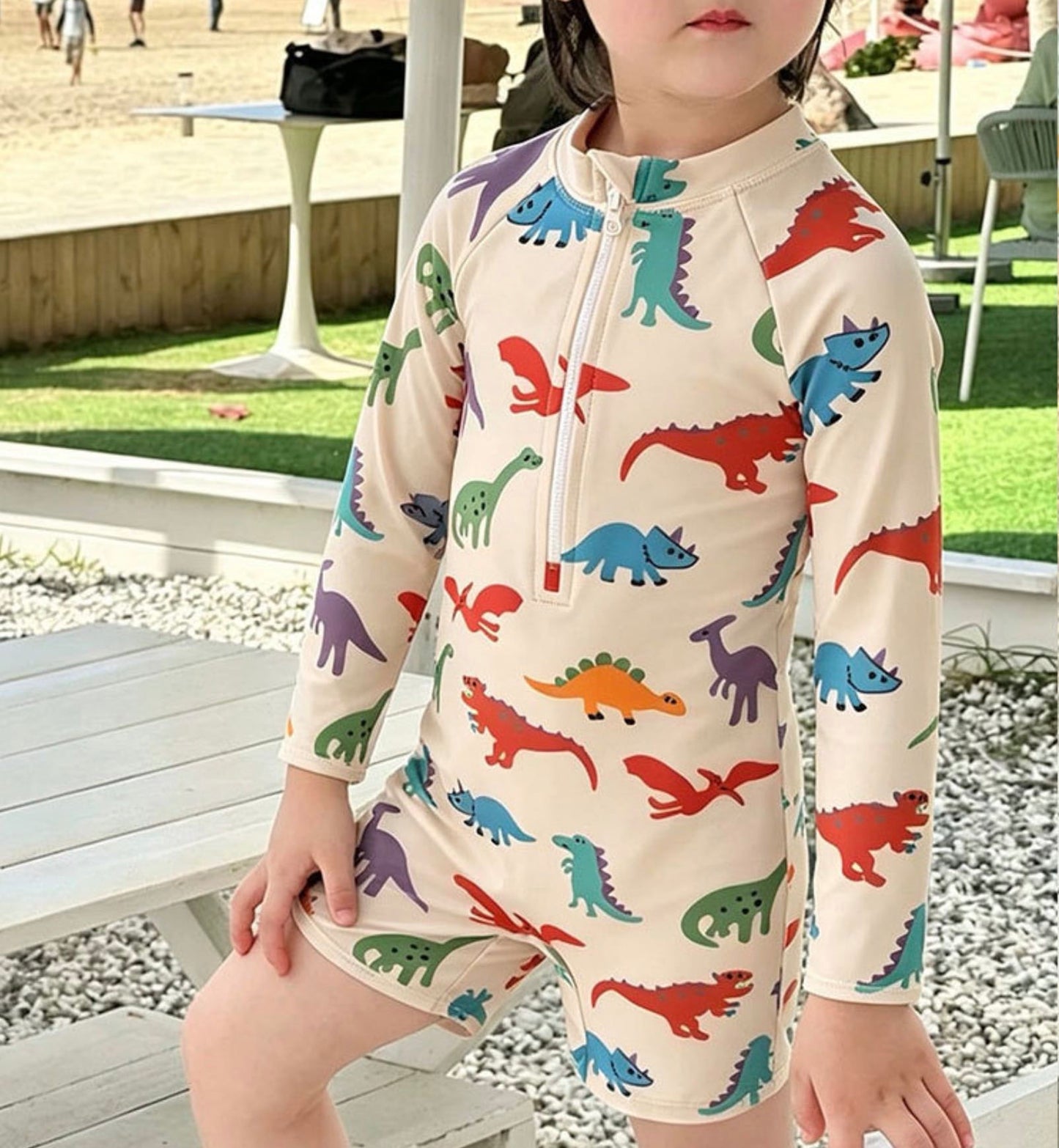 Long-Sleeve Dinosaur One-Piece Swimwear Swimcap Set ラグラン 長袖水着 帽子セット【mh0013338】 mamahalo kids ベビー用水着
