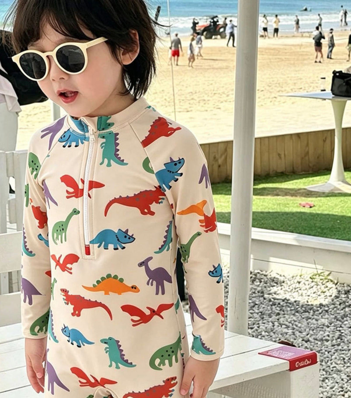 Long-Sleeve Dinosaur One-Piece Swimwear Swimcap Set ラグラン 長袖水着 帽子セット【mh0013338】 mamahalo kids ベビー用水着
