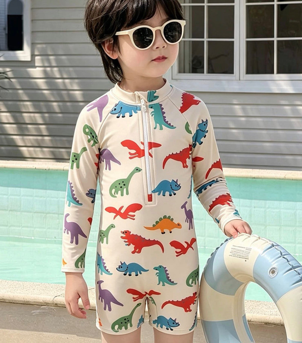 Long-Sleeve Dinosaur One-Piece Swimwear Swimcap Set ラグラン 長袖水着 帽子セット【mh0013338】 mamahalo kids ベビー用水着