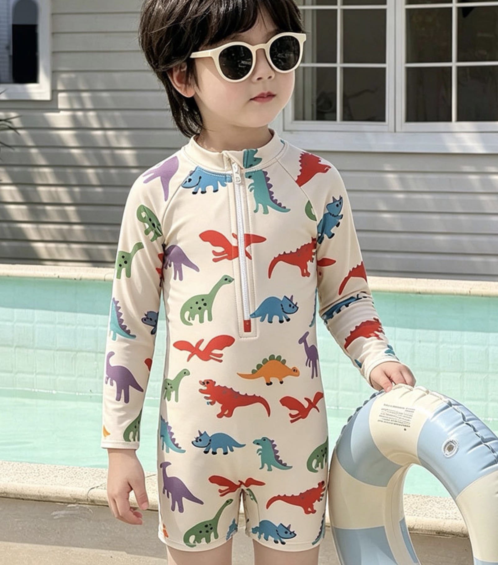 Long-Sleeve Dinosaur One-Piece Swimwear Swimcap Set ラグラン 長袖水着 帽子セット【mh0013338】 mamahalo kids ベビー用水着