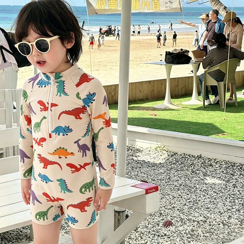 Long-Sleeve Dinosaur One-Piece Swimwear Swimcap Set ラグラン 長袖水着 帽子セット【mh0013338】 mamahalo kids ベビー用水着