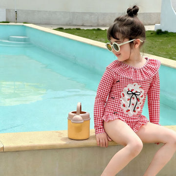 Long-Sleeve Gingham Cherry One-Piece Swimwear チェック 長袖ワンピース水着【mh0013335】 mamahalo kids ベビー用水着