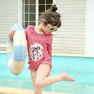 Long-Sleeve Gingham Cherry One-Piece Swimwear チェック 長袖ワンピース水着【mh0013335】 mamahalo kids ベビー用水着