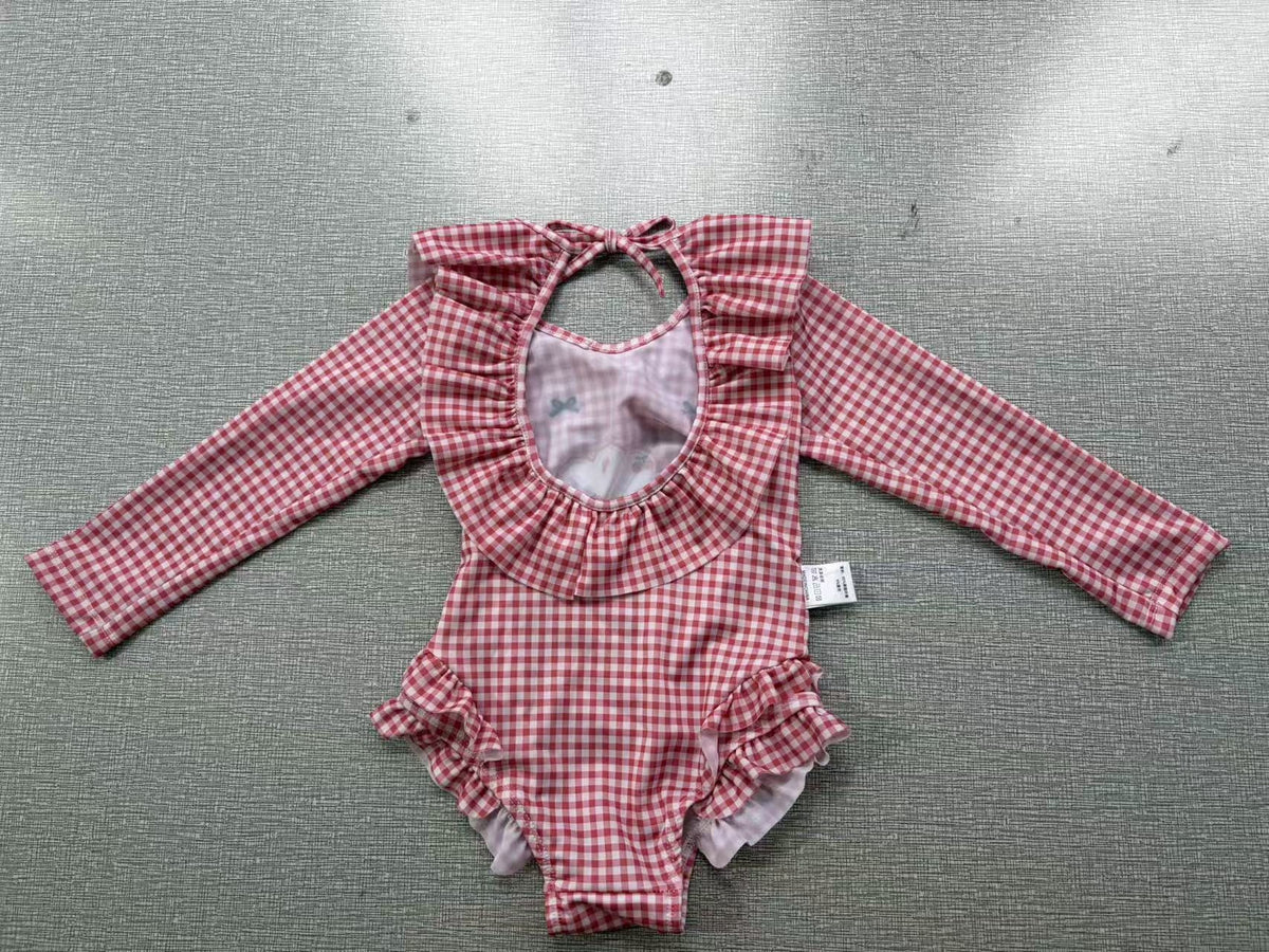 Long-Sleeve Gingham Cherry One-Piece Swimwear チェック 長袖ワンピース水着【mh0013335】 mamahalo kids ベビー用水着