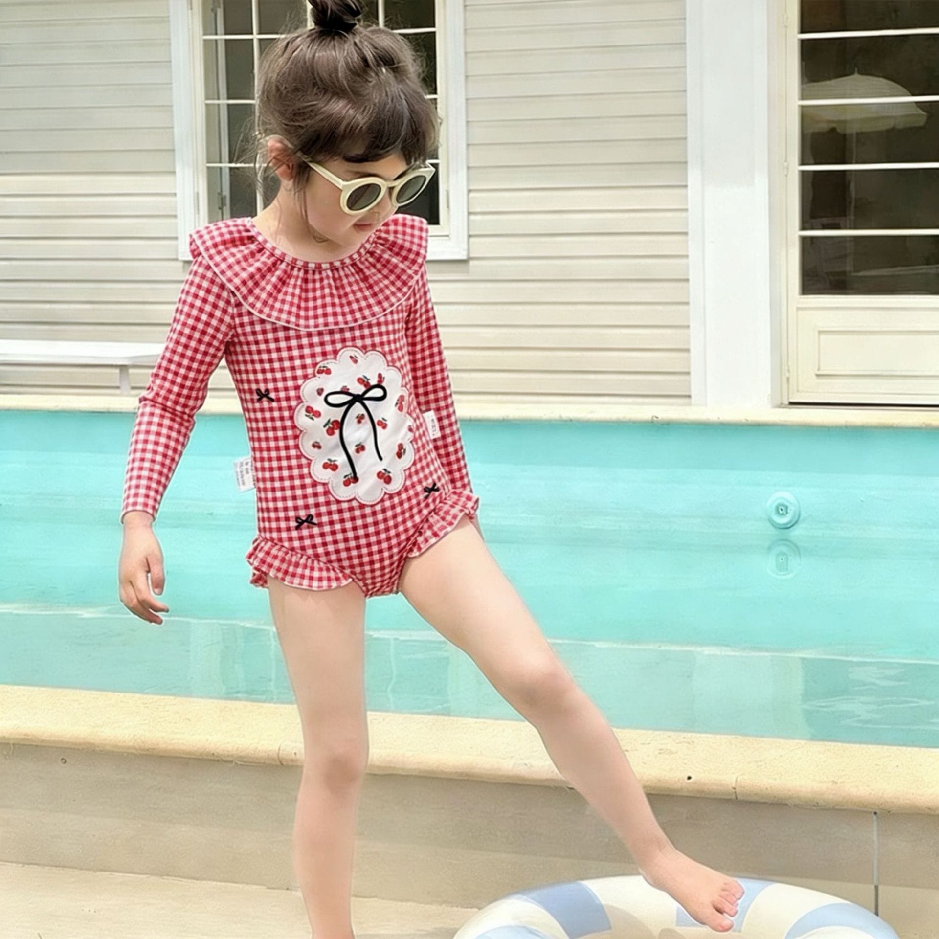 Long-Sleeve Gingham Cherry One-Piece Swimwear チェック 長袖ワンピース水着【mh0013335】 mamahalo kids ベビー用水着