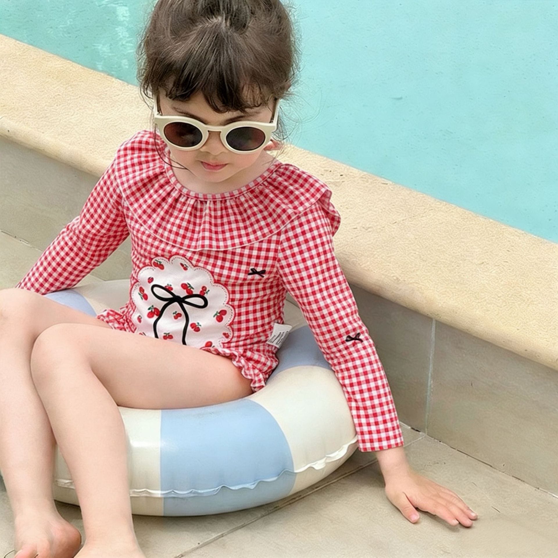 Long-Sleeve Gingham Cherry One-Piece Swimwear チェック 長袖ワンピース水着【mh0013335】 Red / 90cm mamahalo kids ベビー用水着