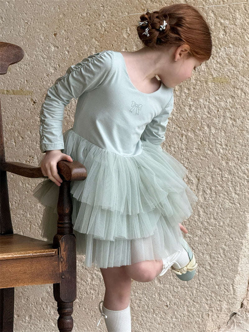 Long Sleeve Knitted Ballerina Dress ニット切替 長袖 チュールワンピース【mh0012411】 90cm / blue mamahalo shop
