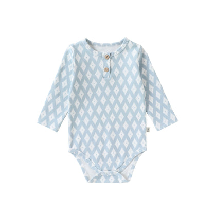 Long-Sleeve Printed Romper プリント 長袖ロンパース【mh0012331】 66cm / Blue diamond pattern mamahalo shop