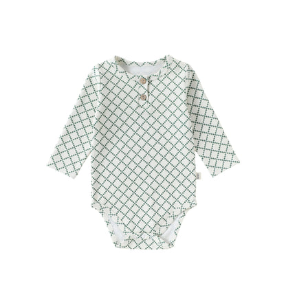 Long-Sleeve Printed Romper プリント 長袖ロンパース【mh0012331】 66cm / Green check mamahalo shop