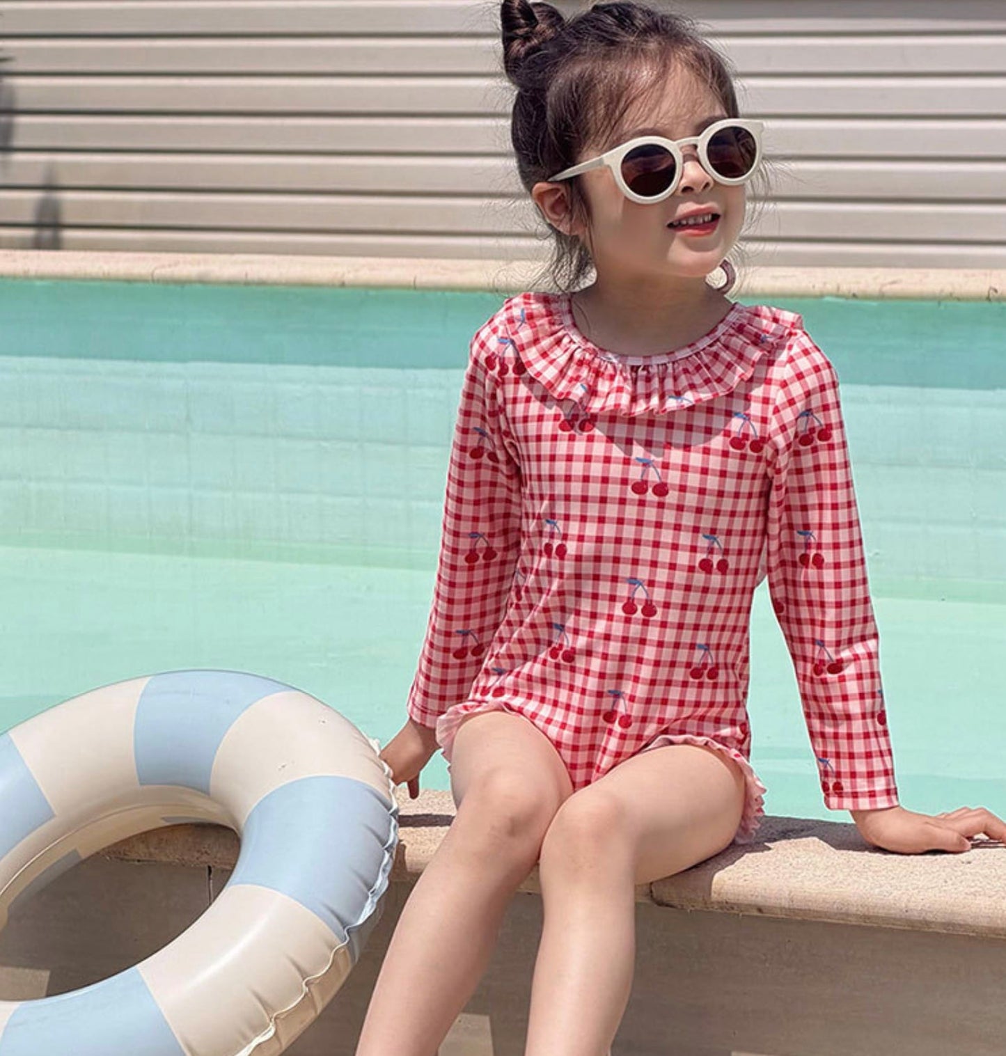 Long-sleeved One-piece Swimsuit Hat Set ラッフル 長袖水着 帽子セット【mh0013326】 mamahalo kids ベビー用水着
