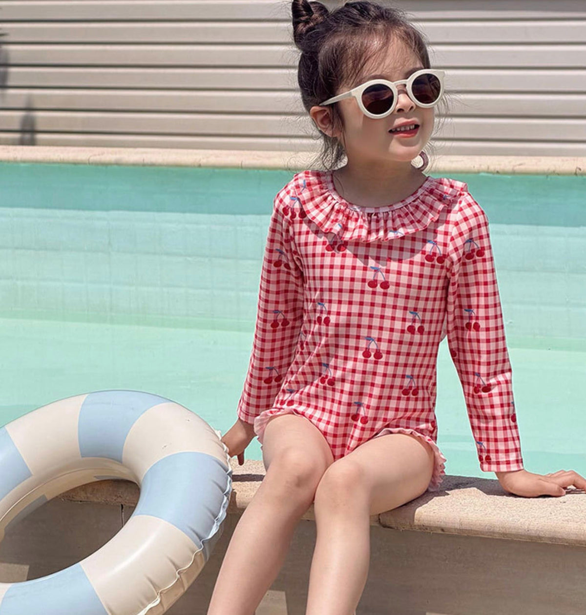 Long-sleeved One-piece Swimsuit Hat Set ラッフル 長袖水着 帽子セット【mh0013326】 mamahalo kids ベビー用水着