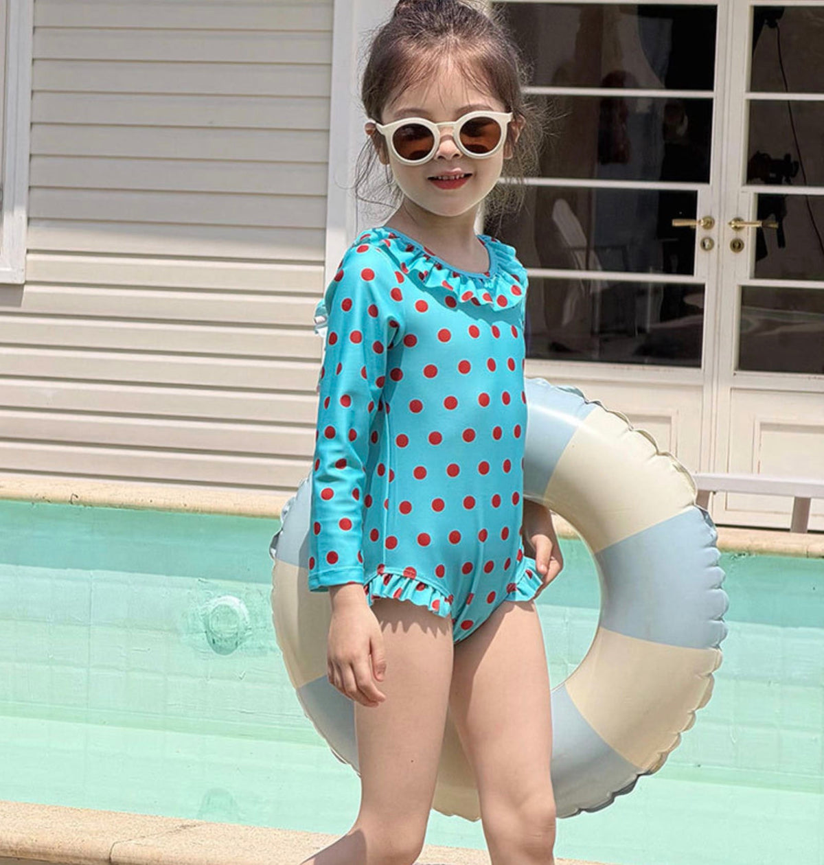 Long-sleeved One-piece Swimsuit Hat Set ラッフル 長袖水着 帽子セット【mh0013326】 mamahalo kids ベビー用水着