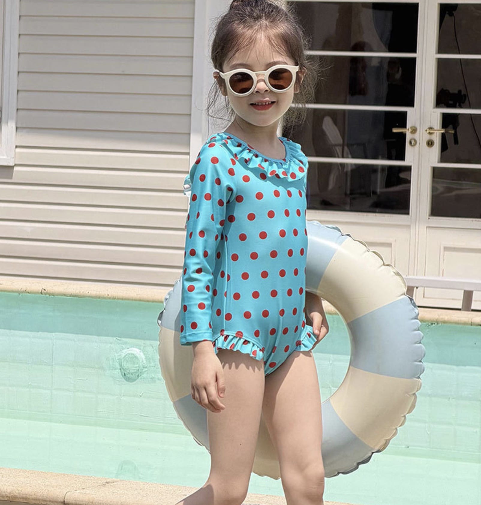 Long-sleeved One-piece Swimsuit Hat Set ラッフル 長袖水着 帽子セット【mh0013326】 mamahalo kids ベビー用水着