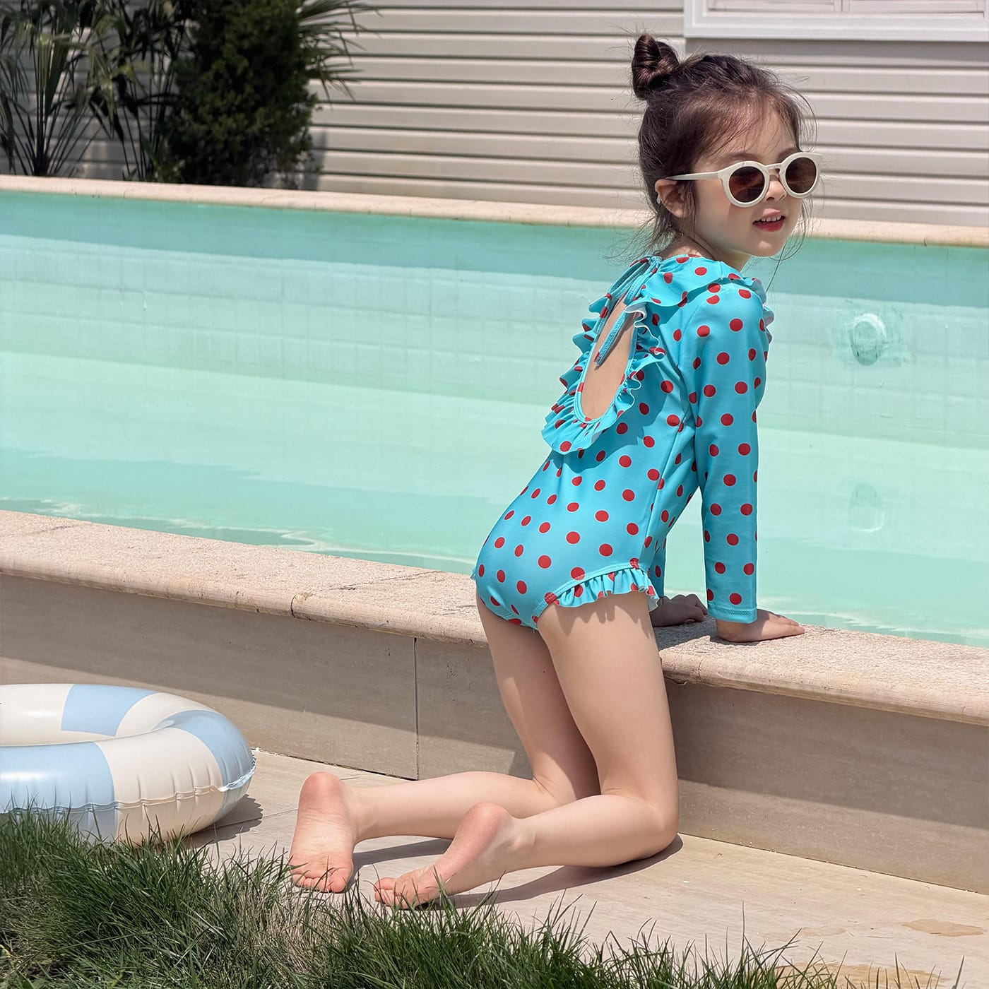 Long-sleeved One-piece Swimsuit Hat Set ラッフル 長袖水着 帽子セット【mh0013326】 mamahalo kids ベビー用水着