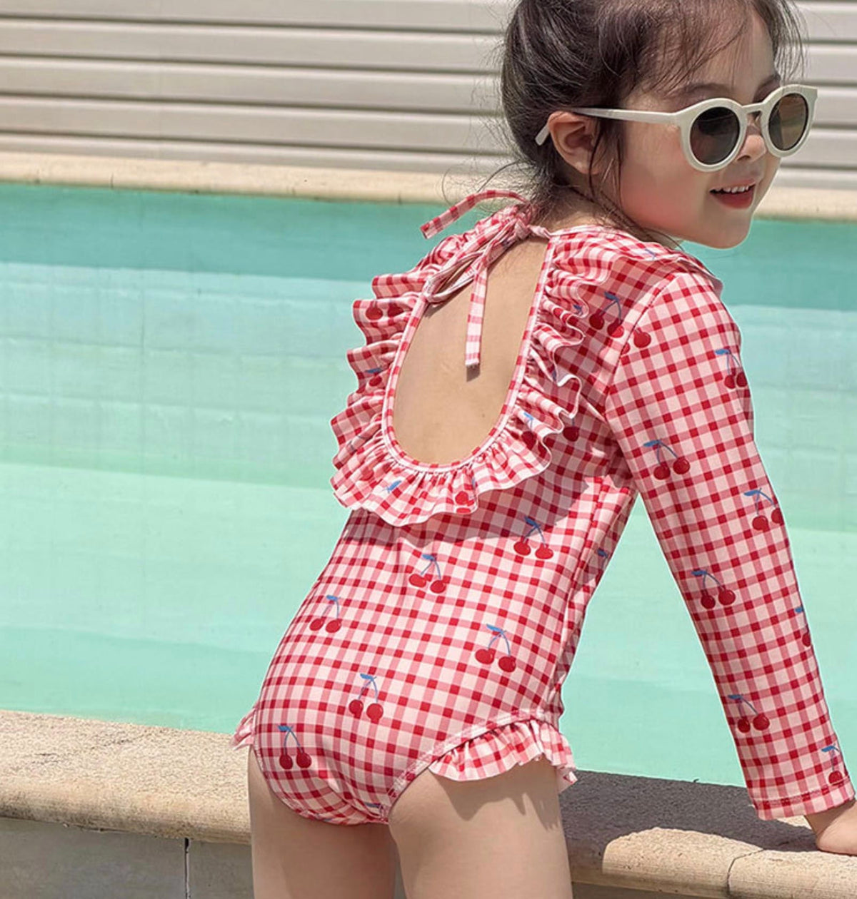Long-sleeved One-piece Swimsuit Hat Set ラッフル 長袖水着 帽子セット【mh0013326】 Red / 90cm mamahalo kids ベビー用水着