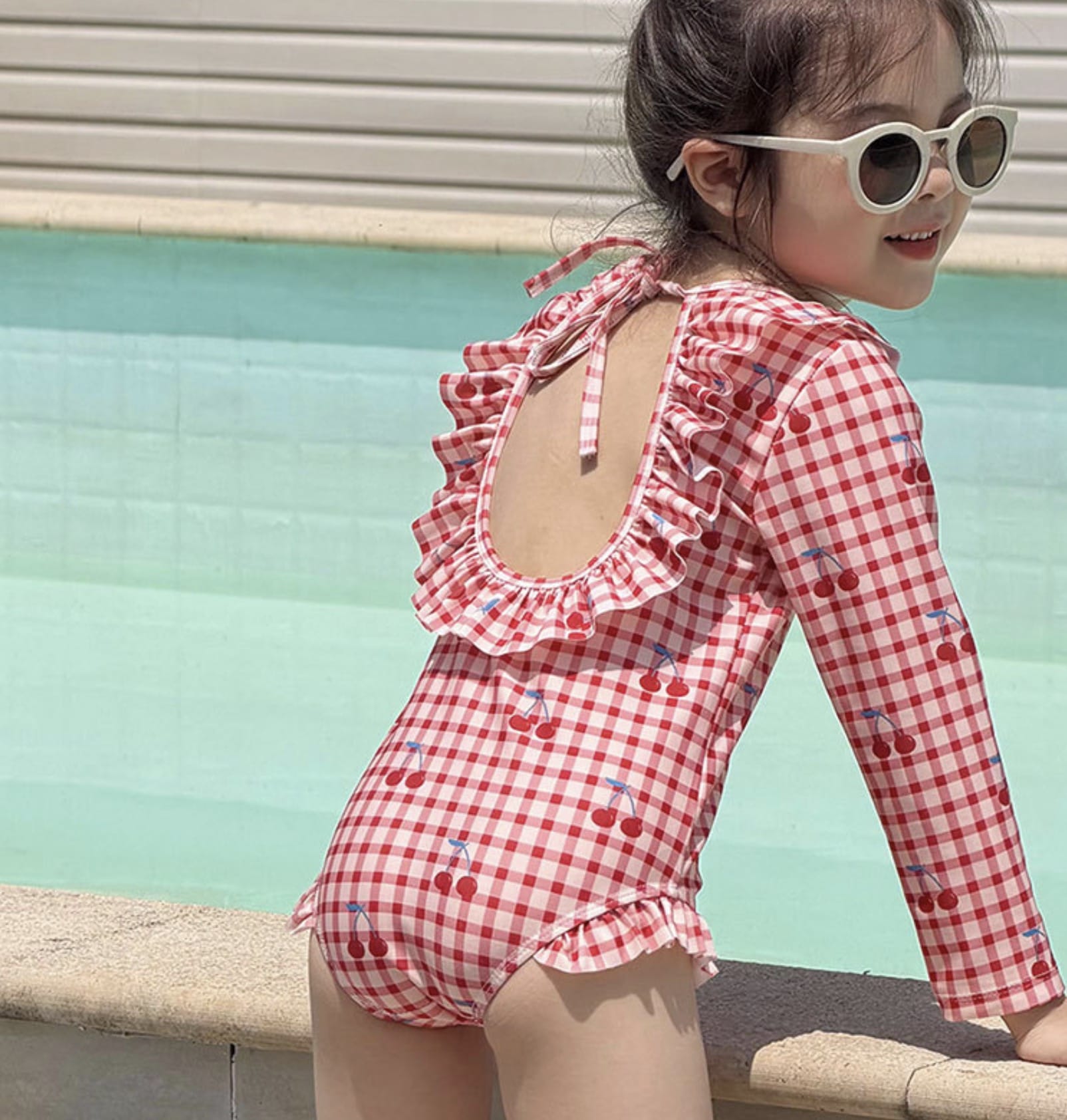 Long-sleeved One-piece Swimsuit Hat Set ラッフル 長袖水着 帽子セット【mh0013326】 Red / 90cm mamahalo kids ベビー用水着