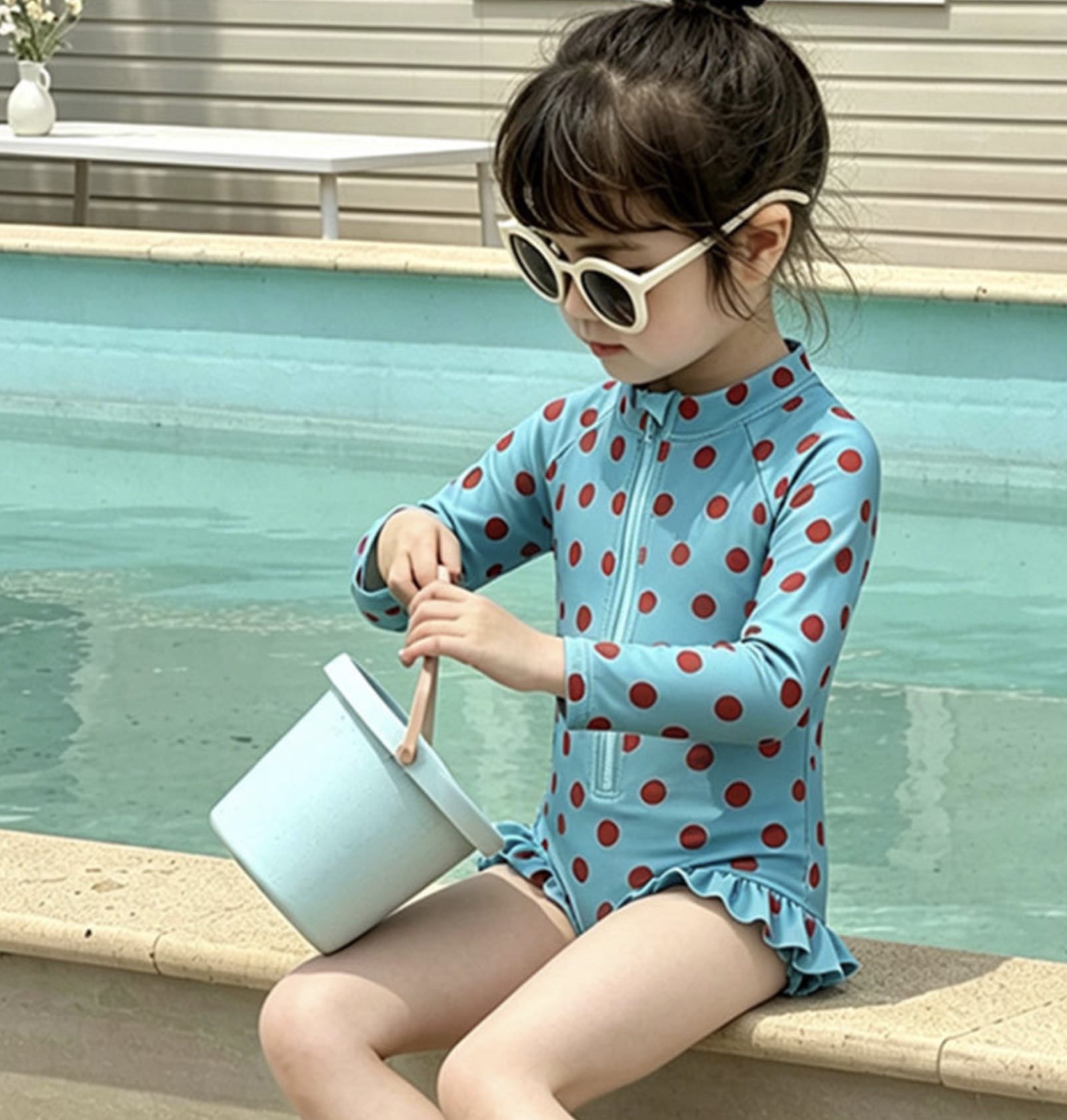 Long-sleeved One-piece Swimsuit Hat Set ラッフル 長袖水着 帽子セット【mh0013326】 Zipper Blue / 90cm mamahalo kids ベビー用水着
