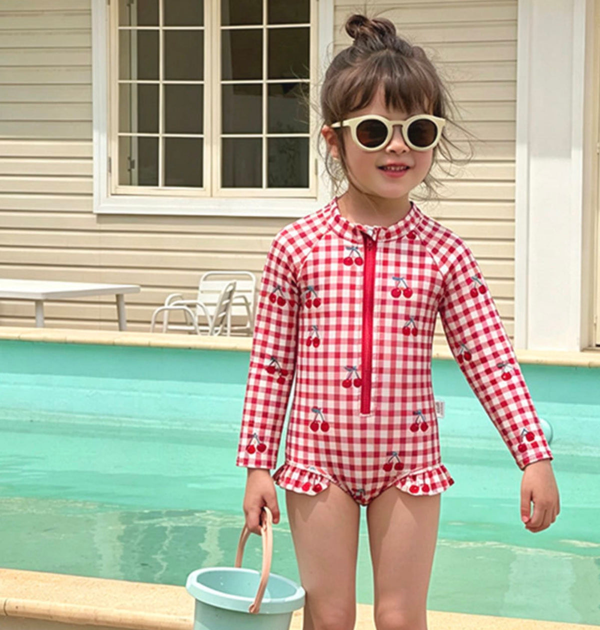 Long-sleeved One-piece Swimsuit Hat Set ラッフル 長袖水着 帽子セット【mh0013326】 Zipper Red / 90cm mamahalo kids ベビー用水着