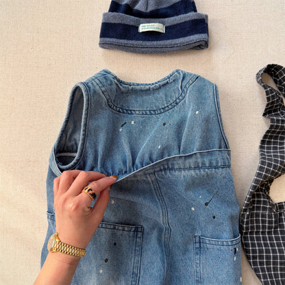 Loose Sleeveless Denim Jumpsuit デニム ワイド サロペット オールインワン【mh0012460】 ADbaby ノースリーブジャンプスーツ