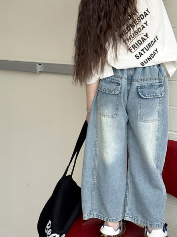 Loose Wide-Leg Jeans クロップド ワイドデニム【mh0013080】 Denim Blue / 100cm mamahalo kids デニムパンツ